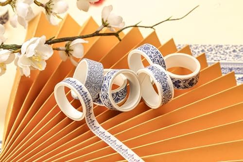 Blue & White Porcelain Washi Tape Set, Traditional Chinese Ceramic Pattern Decorative Masking Tapes, Oriental Art for Craft, Scrapbook, DIY, Gift Wrapping (1-Porcelain Grace/20 Rolls)