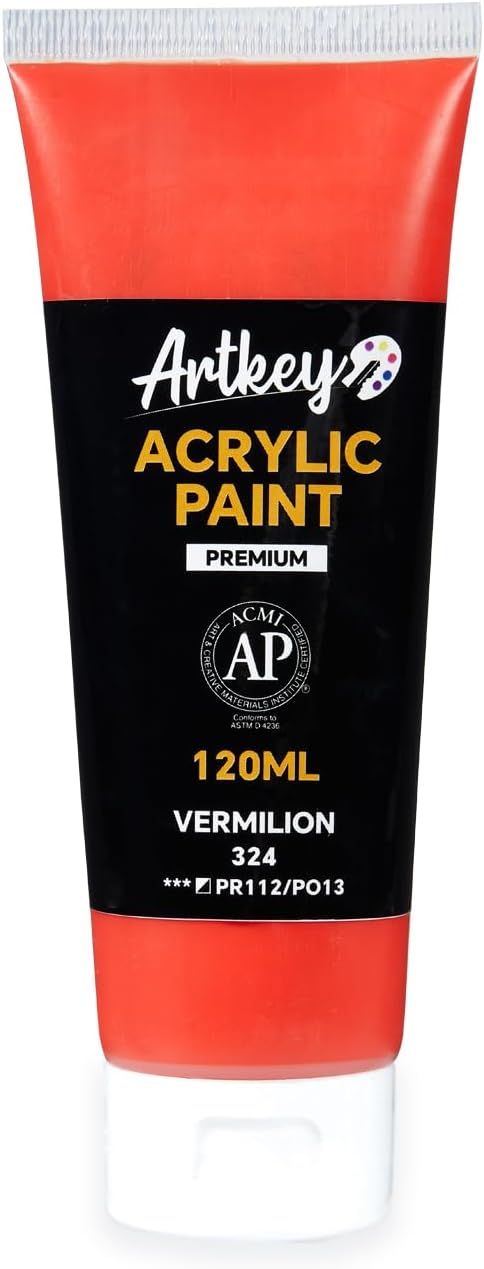 Artkey Acrylic Paint - Vermilion (120 ml/4.06 oz) Tubes, Rich & Vibrant Pigments, Professional Artists Acrylic Paints - Art Supplies for Canvas Wood Rock Clay Fabric Ceramics Art Crafts Painting
