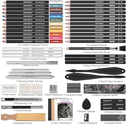 HIFORNY 76 PCS Drawing Set Sketching Kit,Sketch Pencils Art Supplies with Graphite,Charcoal,Blending Tools & Accessories,Portable Zippered Travel Case for Artists & Beginners