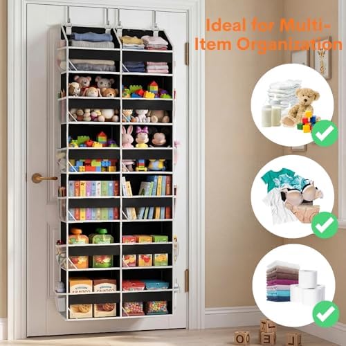 Over The Door Organizer 6 Tiers, Extra Large Behind Door Storage of 12 Compartments, 80 lbs Weight Capacity Hanging Storage Organizer with Clear Window Kids Toys, Shoes, Diapers, Room Storage,Black