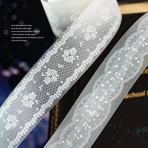 White Lace PET Tape For Journaling Retro Glitter Scrapbook Lace PET Tape Stickers Aesthetic Music Note Star Bow Rose Flower Border Stickers for Scrapbooking Supplies Planner Gift Wraping Crafts Decor