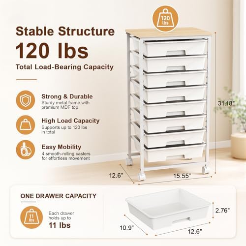 LEHOM Rolling Storage Cart with 8 Drawers, Utility Cart on Lockable Wheels