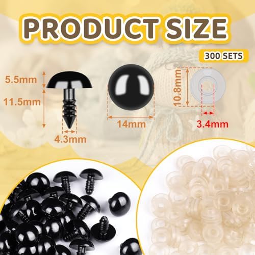 400Pcs Safety Eyes for Crochet Eyes Amigurumi， 14mm Safety Eyes for Stuffed Animals, 200pcs Washers whth 200pcs Plastic Craft Eyes for Crocheting Doll Eyes Making