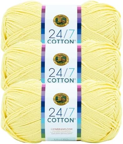 Lion Brand Yarn, 24/7 Cotton Yarn, Lemon, Yellow, 3 Pack