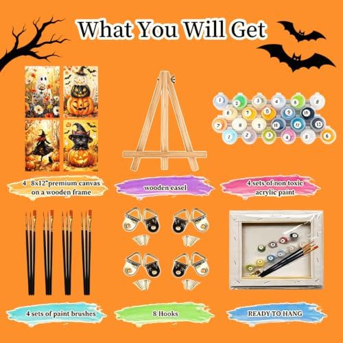 4 Pack Halloween Framed Paint by Numbers Kit for Adults Beginners 8x12 inch | Halloween Adult Paint by Number Kits on Canvas with Frame - Wooden Easel, DIY Acrylic Oil Painting Kits for Gift Home Decor
