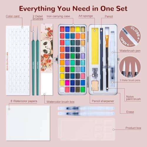 Professional 50 Colors Watercolor Paint Set, Travel Art Kit with Brushes