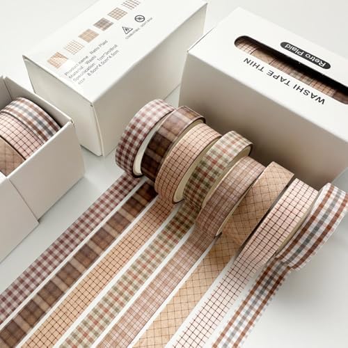 Vintage Washi Tape Set 8 Rolls Thin Retro Decorative Antique Patterns Masking Tapes for Arts, DIY Crafts, Journals, Planners, Scrapbook, Wrapping (Retro Plaid)