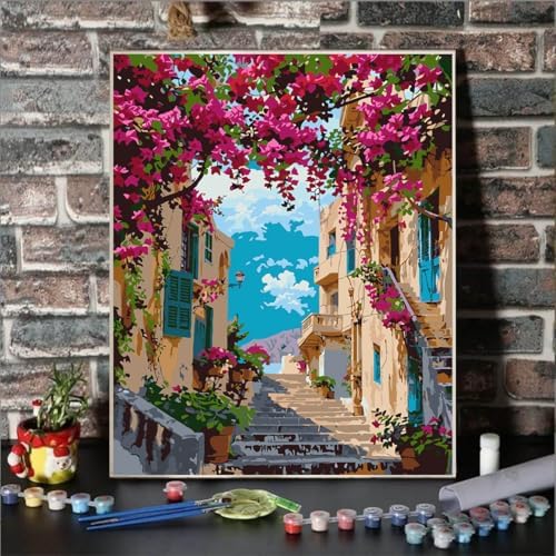 Lovepefe Landscape Paint By Numbers Kit for Adults Beginner Flowers Paint By Numbers Adult Seaside Town Color by Numbers DIY Canvas Oil Painting Adults Kits for Gift Home Wall Decor 16x20 Inch