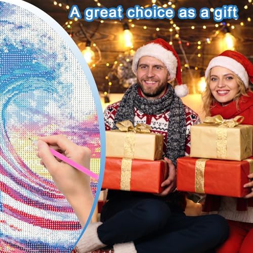 MVVMTOP 4th of July Diamond Painting Kit for Adults, Patriotic Independence Day Decor with American Flag and Wave, 5D Full Drill Round Diamond Art Kit, DIY Crystal Rhinestone Embroidery Painting