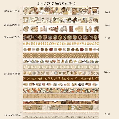 18 Rolls Vintage Victorian Washi Tape Set Journal Tape for Crafts and Journaling DIY Scrapbooking Supplies washi Tape for Scrapbooking Decorative Tape