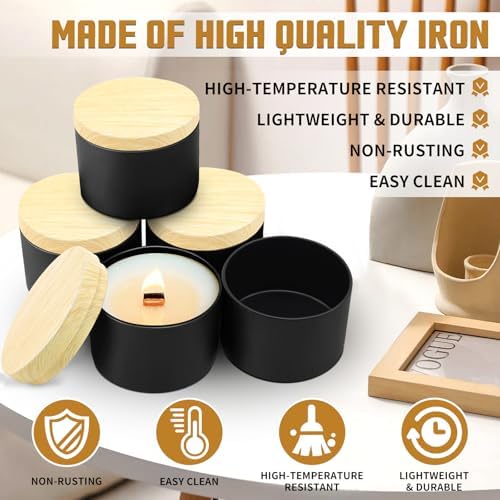 24-Pack 8oz Candle Tins with Wood-Grain Printing Lids, Metal Candle Jars for Candle Making, Empty Containers Vessels Bulk for Small Business & Beginners DIY Storage -Wood Black