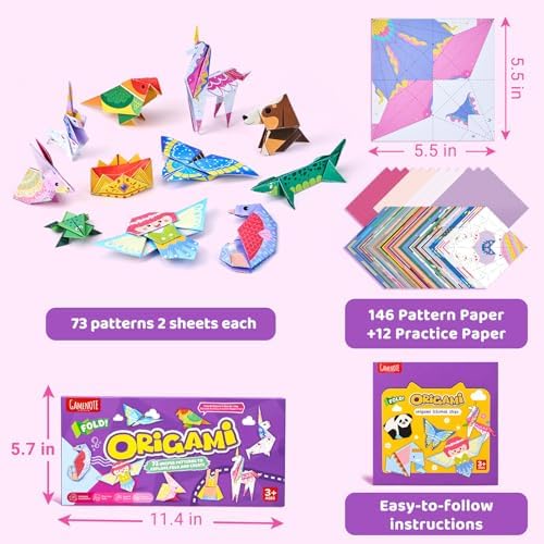 GAMENOTE Origami Kit for Kids Ages 8-12, 72 Fantasy Projects, 180 Sheets | Double-Sided Origami Paper with fantasy themes includes 168 patterned sheets, 12 solid practice sheets and video guides.