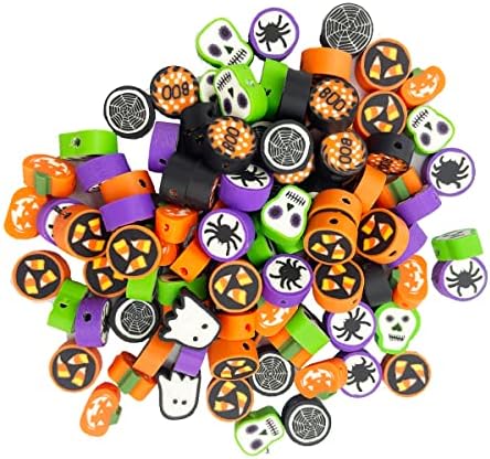 100 Pcs Halloween Handmade Polymer Clay Beads, 10mm Ghost Pumpkin Spider Polymer Clay Spacer Beads for Women Jewelry Making DIY Charms Bracelet Necklace Hair Clip Accessories Handmade Craft