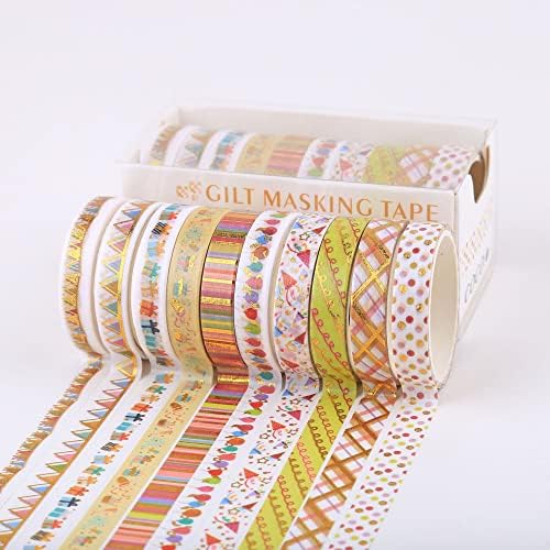 YUBBAEX 10 Rolls Sparkling Washi Tape Set 8mm Skinny Gold Foil Decorative Masking Washi Tapes for Bullet Journal,Scrapbook, Planner, DIY Crafts (Party Elements)