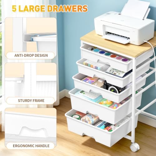 SUNALLY Rolling Carts With 5 Drawers, Storage Drawer Carts for Craft, White | Rolling Utility Cart with Wooden Tabletop & 2 Lockable Wheels, Teacher Storage Cart for Classroom School, Makeup, Nail, Art