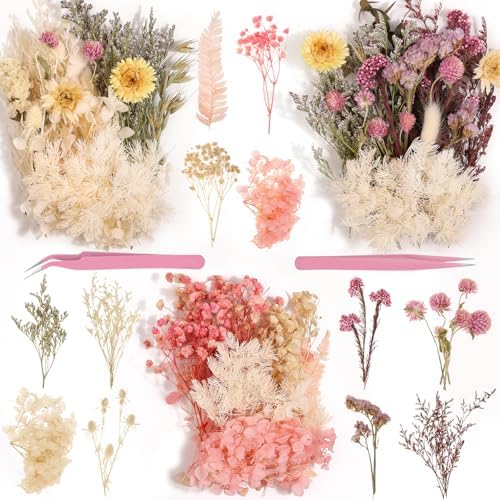 Real Dried Flowers 100% Natural Dried Flowers, Mixed Colors Dried Leaf Flowers for DIY Arts and Crafts Candles Resin Jewelry Nail Pendant Cards Scrapbooking Wedding Home Decoration (Pink)