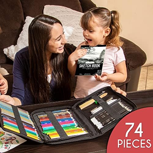 Zenacolor 74 Pack Drawing Kit with Drawing Pencils - Drawing Set for Sketching, Pro Sketch Art Supplies with Sketch Book, Colored, Graphite, Charcoal, Watercolor & Metallic Pencil for Adults and Kids