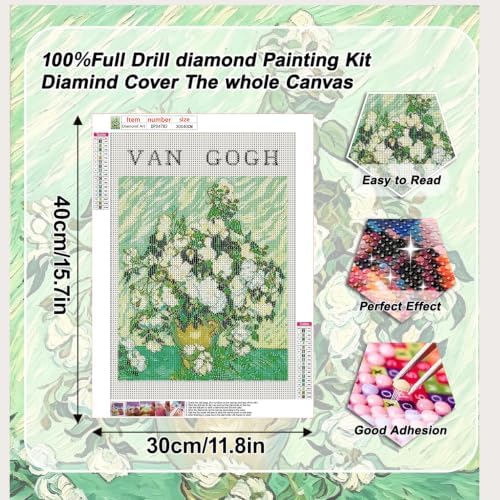 VeGuude Diamond Art Kits for Adults, Full Drill Van Gogh White Roses Diamond Painting Kits for Beginners, DIY Full Rhinestone 5D Diamond dots (Gemstone Craft), Home Wall Decoration (12x16 inch)