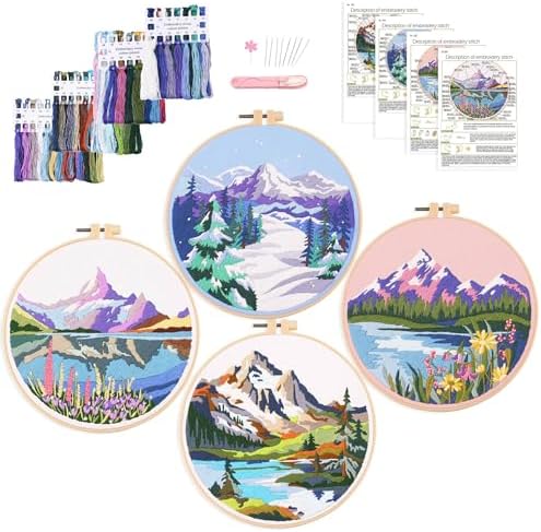 Harimau Adult Beginner Embroidery Starter Kit, Complete Set with 4 Patterns, 2 Hoops, Needles, Scissors, Instruction Guide & Stitching Video Tutorials