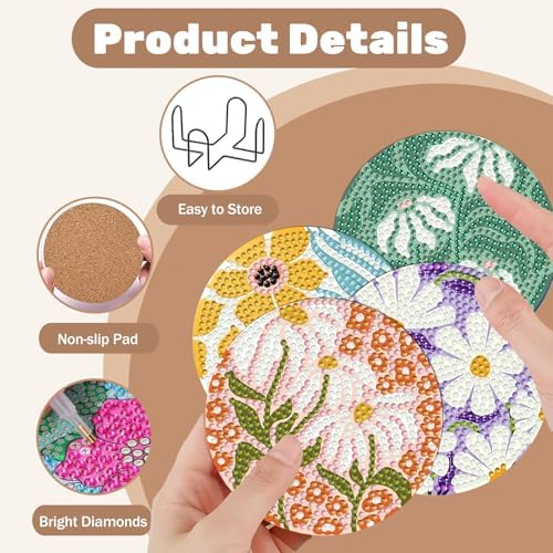 CRZMODE 8 Pcs Diamond Art Coasters Kits, Flowers Diamond Painting Coasters