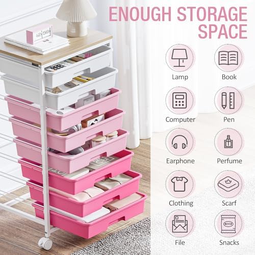 TOOLF Rolling Storage Cart with 8 Drawers,Rose Pink | Utility Cart on Wheels with Wooden Tabletop,Teacher Organization for Classroom, Art Cart for Office,Bedroom,Craft Room