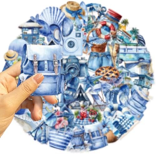 50 Pcs PET Transparent Blue Beach Stickers, Waterproof Vinyl Coastal-Themed Decals for Laptop Skateboard Luggage, Watercolor Beach Vacation Stickers Gift for Kids Teens AdultsBlue Beach