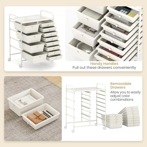 LDAILY 12 Drawer Rolling Storage Cart, Rolling Cart with Drawers for Classroom, Art Supply Craft Organizer on Wheel with Metal Frame & Handles for Home Office School (White, 12 Drawer Left-Right)