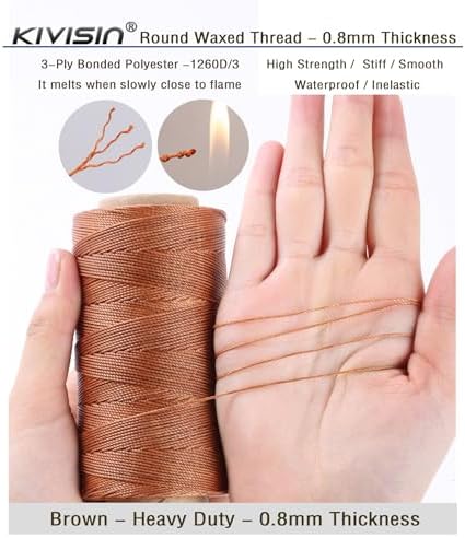 Bonded 0.8mm Round Waxed Polyester Cord, 3-ply Wax Coated Thread, 197 Yards Stiff String for Heavy Duty Fabric, Leather Sewing, Book Binding, Upholstery Repair, and Macrame Jewelry - Brown