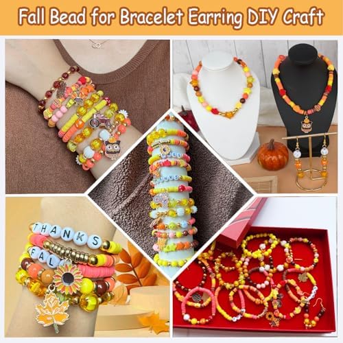 XBYzuzi 1540Pcs Fall Beads for Bracelets Making Kit, Thanksgiving Beads for Bracelets Jewelry Making Orange Assorted Autumn Maple Leaf Pumpkin Clay Bead Turkey Charms for Necklace Earrings DIY Crafts