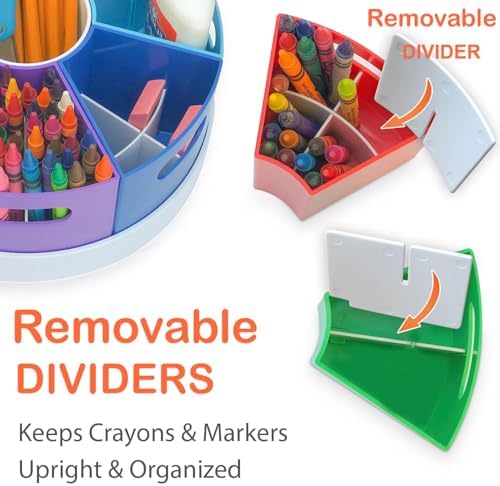 Kids Art Supply Storage Organizer with Dividers – 8.6" Rotating Lazy Susan Caddy for Crayons, Markers & Pencils