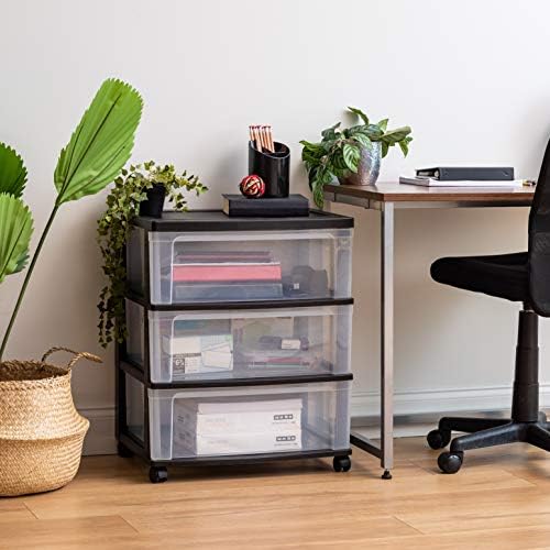IRIS USA 3-Drawer Wide Storage Cart with Wheels, Organizer, Black