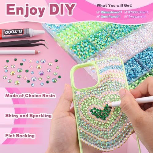 20000Pcs Green Rhinestones for Bedazzling with B7000 Jewelry Glue, Resin Rhinestones for Crafting Crafts DIY, Bedazzler Kit Gems for Clothing Shoes Tumblers Fabric Nail Art Assorted Size 3/4/5/6mm