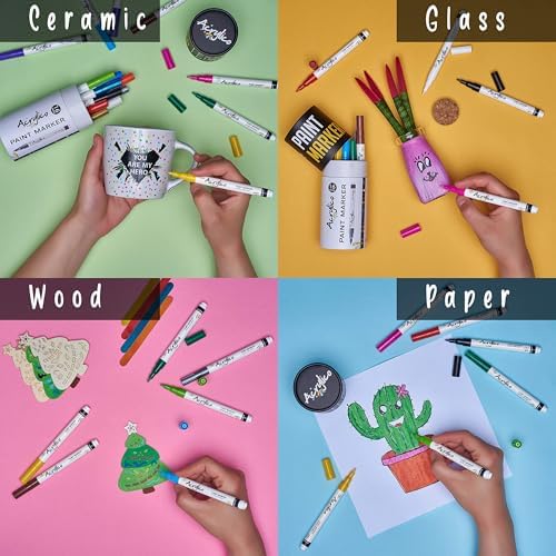 Acrylic Paint Markers Set of 16 Paint Pens – Fine Tip for Fabric, Rock, Metal, Ceramic, Adult Coloring & Art Projects – Art Supplies for Kids & Adults