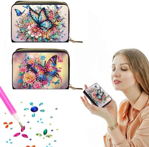 DDGYP 2PCS PU Leather Diamond Art Zipper Card Holder Butterfly