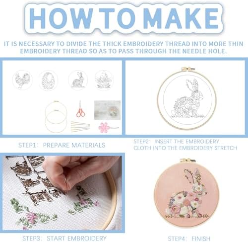 FREEBLOSS 4 Sets Embroidery Kit for Beginners Needlepoint Embroidery Starter Kit with Easter Floral Stamped Patterns, Instructions, Colored Threads, 2 Hoops 11.6"/29.5cm