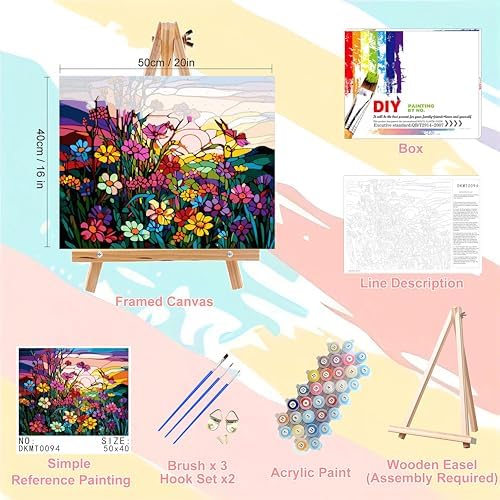 Flower Paint by Numbers for Adults with Framed Canvas - with Wooden Easel