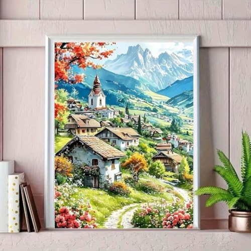 OJTOYART Country House Scenery Diamond Painting Kits for Adults，5D Diamond Painting Kits for Beginner,DIY Round Full Drill Diamond Dots GemPainting for Adults Crafts Home Wall Decor 12x16 Inch