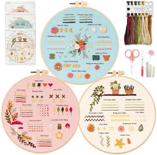 Myfilicity Embroidery Beginners Stitch Practice kit, 3 Embroidery Starter Kits, Learn 30 Different Stitching Techniques for Craft Enthusiasts to Hand-Stitch Fabric and Learn Embroidery Skills…