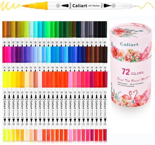 Caliart 72 Colors Double Tip Brush Pen Art Markers for Adult Coloring Books | Artist Fine & Brush Coloring Markers for Journaling Calligraphy Drawing Gifts Trendy Stuff Teacher Office Art Supplies
