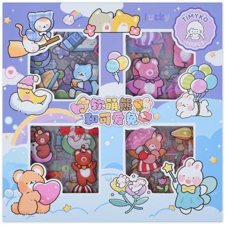 Kawaii Cute Journaling Scrapbook Stickers - 100 Sheets Cartoon Transparent Sticker for Junk Journal Stationary Planner Album Calendars Supplies Notebook DIY Craft Decor