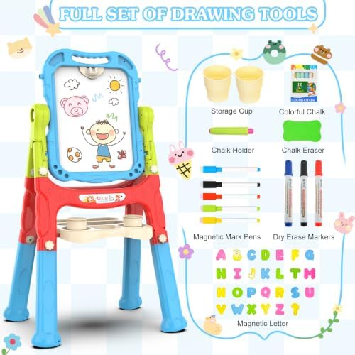 Amagoing Easel for Kids, Adjustable Standing Art Easel for Toddler 2-4, 4 in 1 Double Side Chalkboard Drawing Board with Painting Accessories, Learning Toy Gift for Little Boys Girls Age 3 4 5, Blue