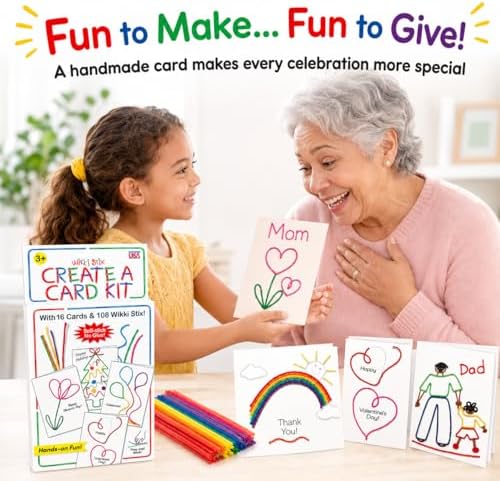 Wikki Stix Create-A-Card Kit, Kids Greeting Card Craft Kit with 108 16 Cards, Make Handmade Birthday, Holiday, Thank You, Valentine, Mother’s Day & Father’s Day Cards, Mess-Free Craft.