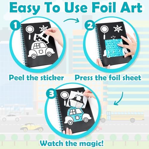 FUNNYB&G Foil Art Craft Kit for Kids, Sparkly Birthday Gift Toy for Boys | No Mess, Kids Ages 4-10 Create Sparkling Artwork, A Creative Gift for Birthdays, Holidays, Travel Activities,Screen-Free Fun