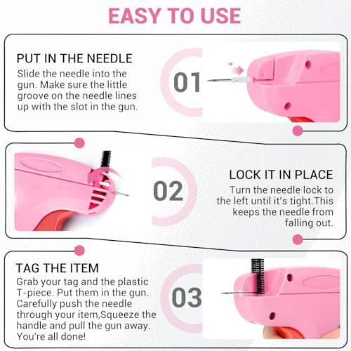 Stitch Gun for Clothes - Handheld Quick Clothing Fixer - Tagging Gun for Clothing, Sewing Kit - Includes 6 Fine Needles, 1000 White & 1000 Black Fasteners (Pink Red)