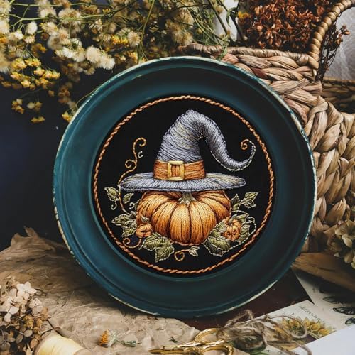 FONNUY Pumpkin Embroidery Kit for Beginners, Pre-Stamped Pattern Kits for Adults with Hoop, Easy to Follow Color Thread Needlework, 8'' Hoop (Witch Hat 1)