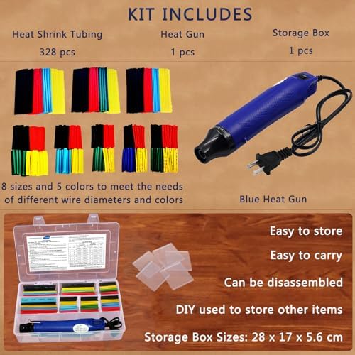 Heat Gun for Shrink Tubing - 328pcs 2:1 Wiring Heat Shrink tubing + 300W Shrink wrap Heat Gun with Case.