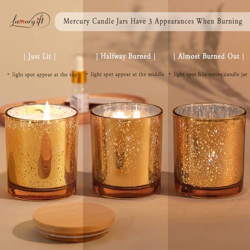 LAMORGIFT 12 Pack Gold Mercury Glass Candle Jars (10oz) with Lids - Candle Makes Accessory Set Including 15 Labels