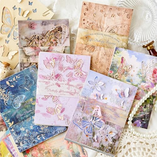 144PCS Vintage Scrapbook Paper Textured Journaling Scrapbooking Supplies Kit Hollow Out Decorative Craft Paper Assorted for Bullet Junk Journals Card Making Craft DIY, Paper Butterflies