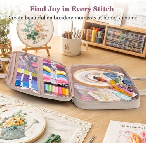 Puffy Embroidery Project Bag, Quilted Embroidery Floss Organizer for Hoops up to 11", Cross Stitch Project Storage Case for Needlepoint Project, Thread & Stitch Tools