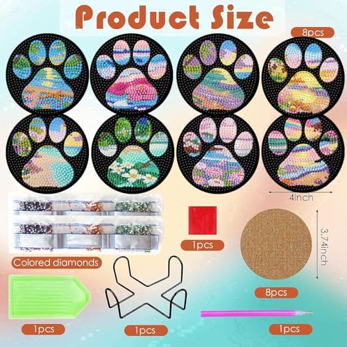 ijbnhd Beach Diamond Art Coasters Kit, Dog Paw, 8 PCS, 4X4inch